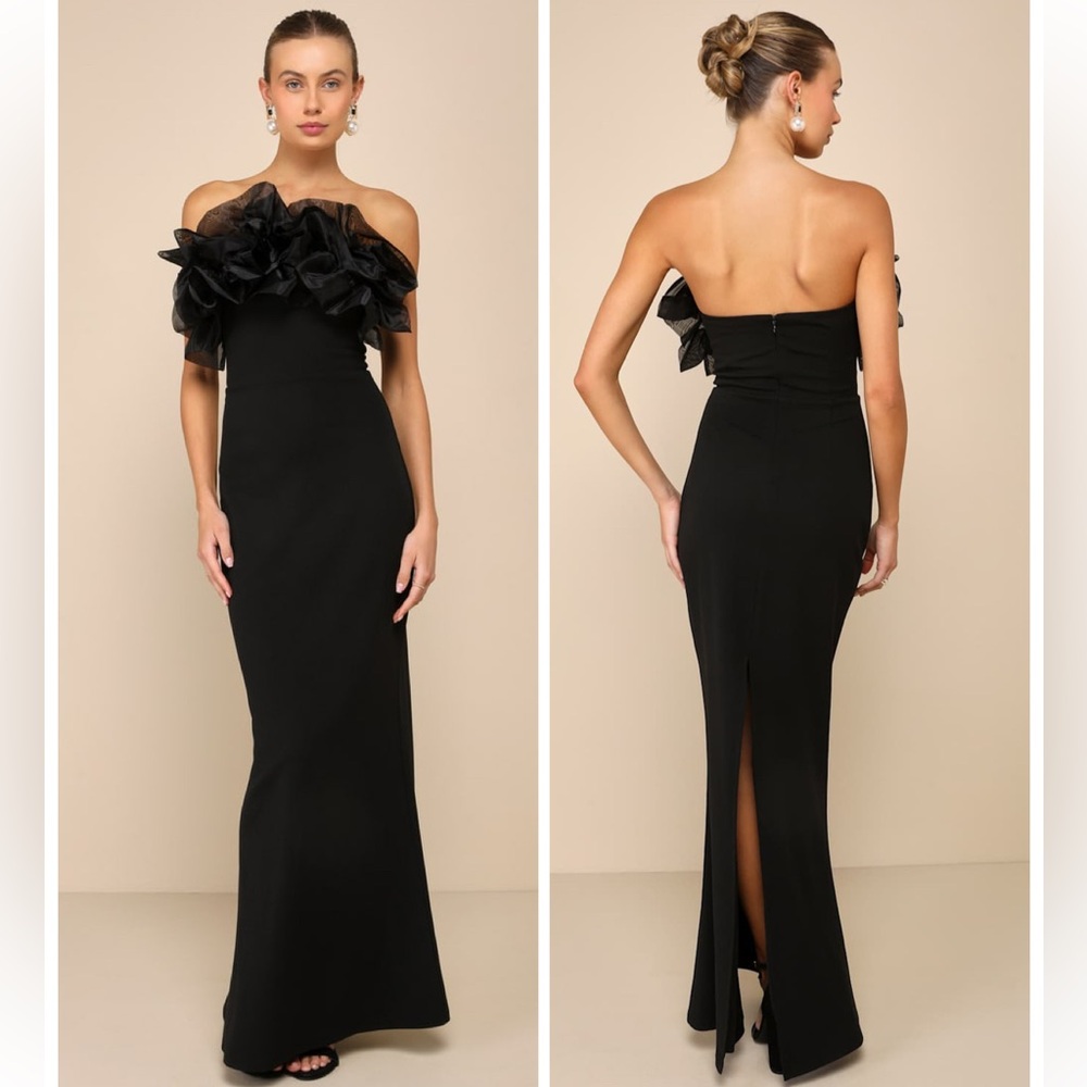 Lulus Evening Excellence Black Ruffled Strapless Mermaid Maxi Dress size XS NWT